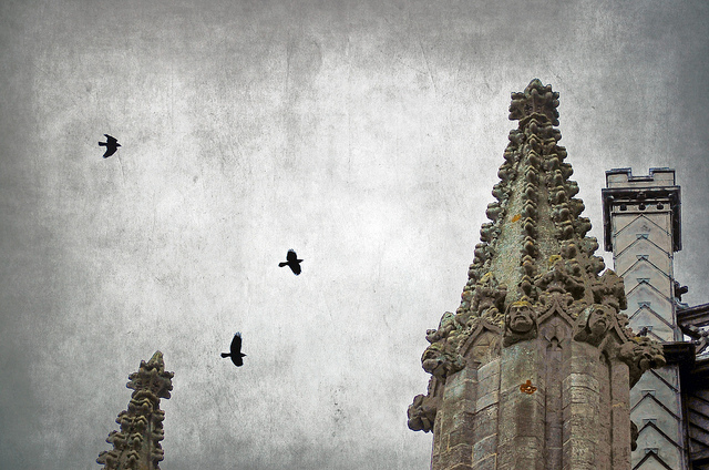 Gothic spire with crows and clouds.