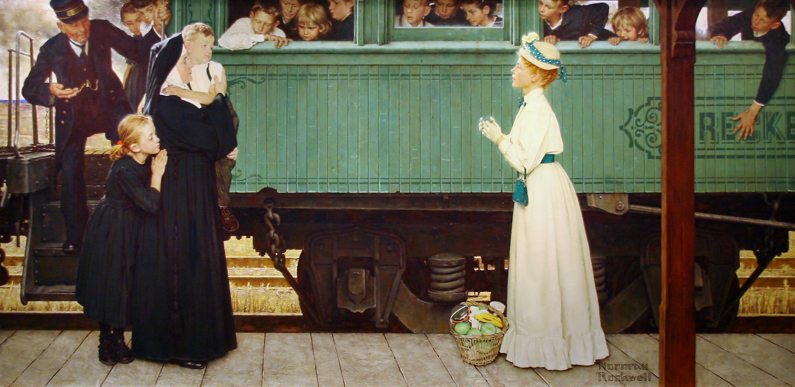 Painting of a woman adopting an orphan boy off a train.
