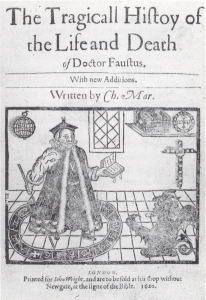 Frontispiece to a 1620 printing of Doctor Faustus showing Faustus conjuring Mephistophilis.