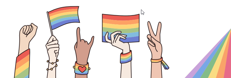 graphic with series of arms raised wearing rainbow bracelets and holding rainbow pride flag, with pride rainbow colors in bottom right corner