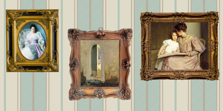 image of striped (19th-century style) wallpaper with three paintings by John Singer Sargent in gilded frames hanging on the wall