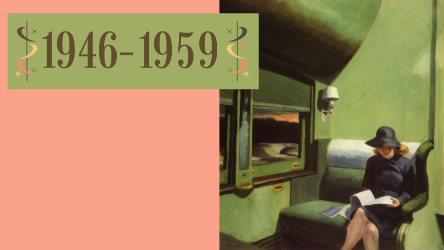 Image of painting "Compartment C Car" (1938) by Edward Hopper with text: "1940-1959"