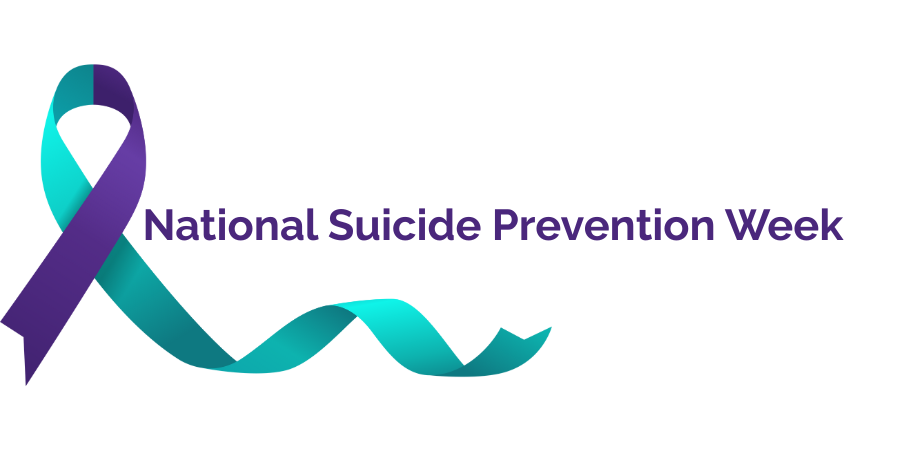 graphic of purple and turquoise suicide prevention ribbon, with text that says National Suicide Prevention Week