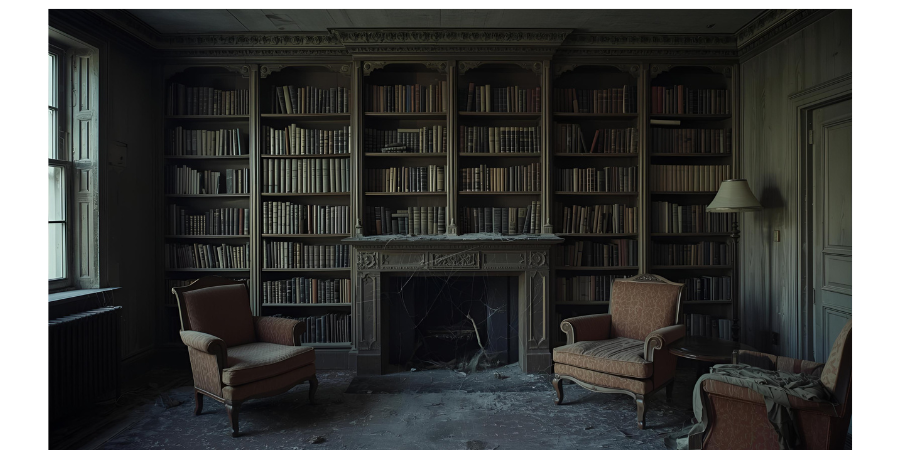 Image of a dusty, cobweb-infested room with old-fashioned furniture and a wall of book shelves and fireplace