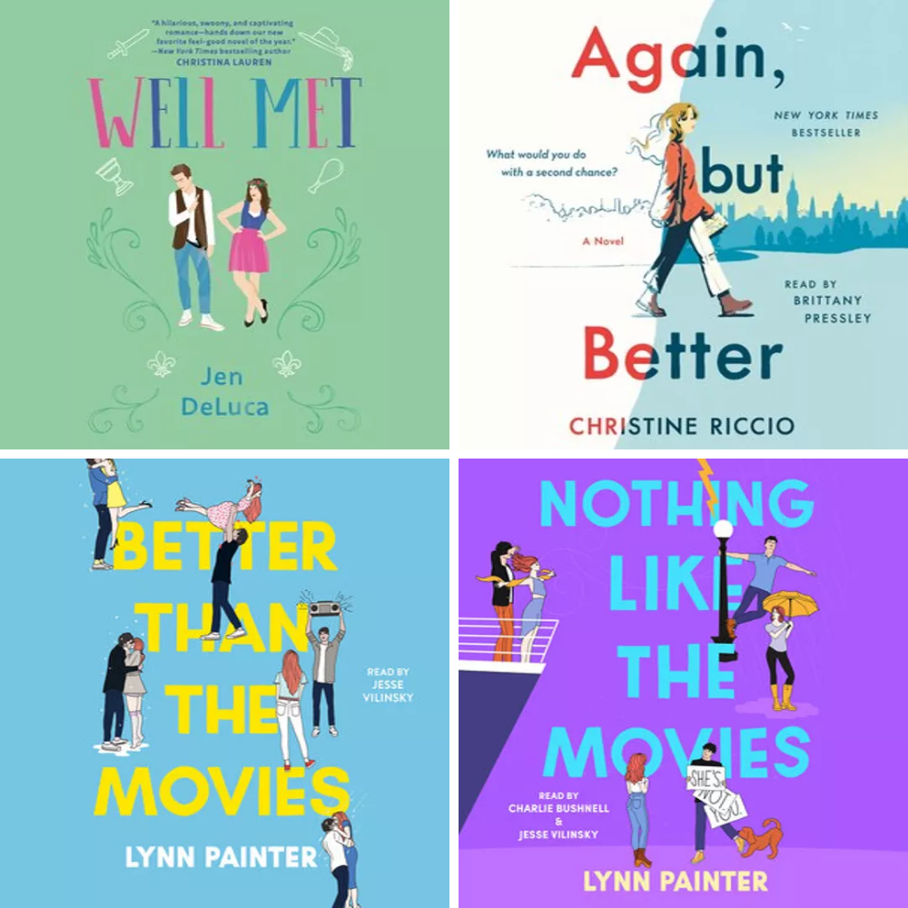 collage of four audiobook cover images: Well Met and Again, But Better narrated by Jesse Valinsky and Better Than the Movies and Nothing Like the Movies narrated by Brittany Pressley