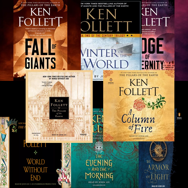 Collage of audiobook titles read by John Lee: Fall of Giants, Winter of the World, Edge of Eternity, The Pillars of the Earth, A Column of Fire, World Without End, The Evening and the Morning, The Armor of Light