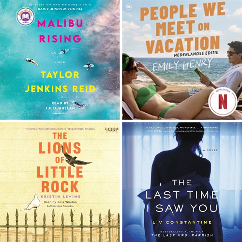 Collage of four audobook cover images for titles narrated by Julia Whelan: Malibu Rising, People We Meet on Vacation, The Lions of Little Rock, and The Last Time I Saw You