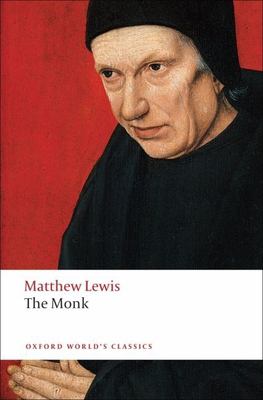 The Monk book cover. A monk dressed in a black robe against a red background.