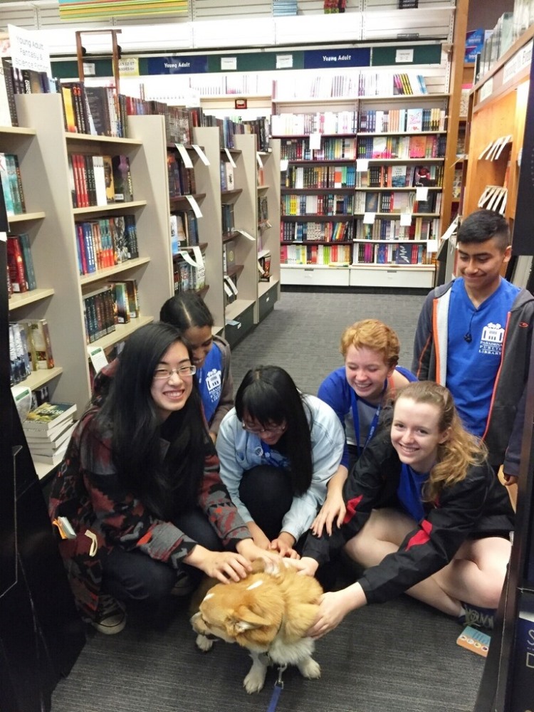 TAB at Vromans purchasing paperbacks for our book collection... and petting a corgi.