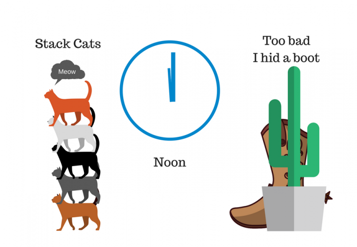 illustrated palindromes: stack cats, noon, too bad I hid a boot