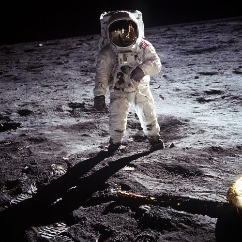 Astronaut Buzz Aldrin on the moon, July 1969 (used via Wikimedia Commons; source: NASA/Public Domain)