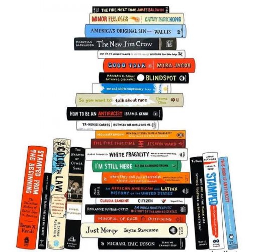Illustration of books stacked by Jane Mount from Ideal Bookshelf visit her site at https://idealbookshelf.com for more information (used with permission from Jane Mount)
