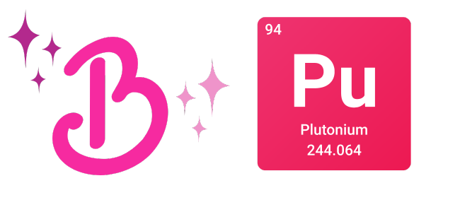 Hot pink cursive "B" with stars, and chemical element symbol for Plutonium