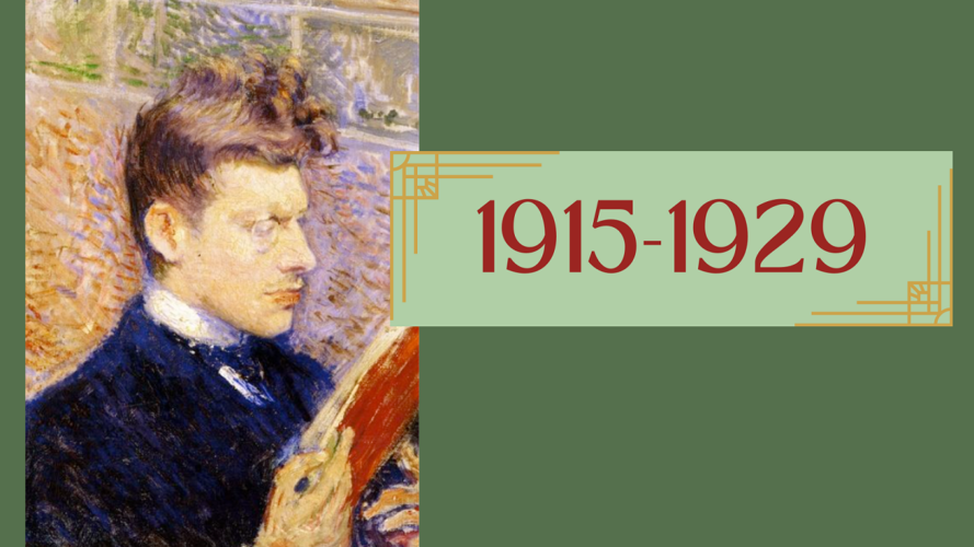 Portrait of Pierre Olin Reading, 1887 - Theo van Rysselberghe (painting of young man holding reading a book wearing a monocle) and art deco style graphics around text: "1915-1929"