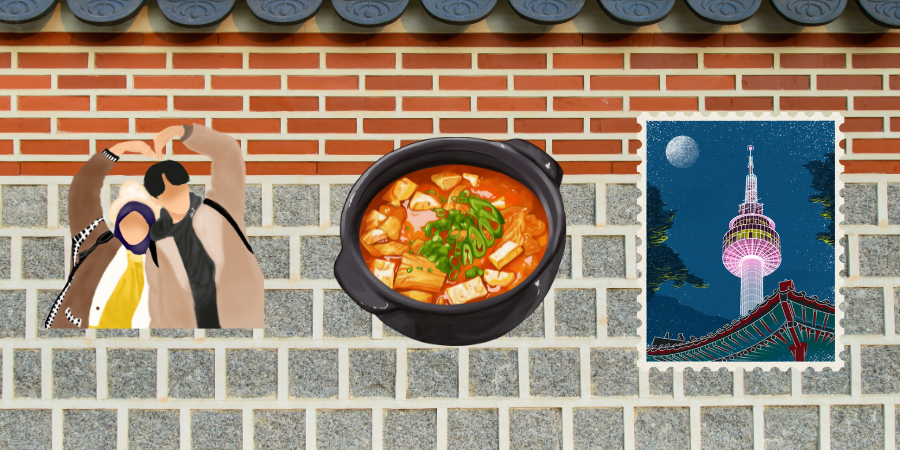 decorative image of a Korean couple making a heart, soft tofu soup, and N Seoul Tower, with a background of a Korean style wall